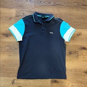 Boss Dark Blue Polo with Aqua and White Sleeves